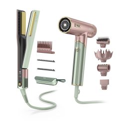 Shark-Ninja SpeedStyle Hair Dryer & SilkiPro Straightener Bundle in Strawberry Matcha